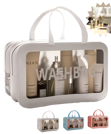 A spacious, waterproof travel toiletry bag with wet and dry compartments, featuring a matte translucent clear design and a handle, suitable for both men and women.