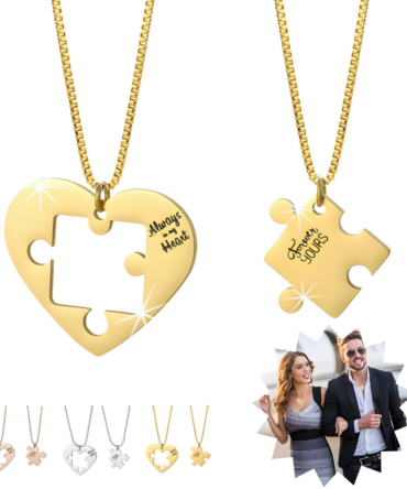Romantic Couple Necklace Set - 2PCS Matching Heart Pendants in Gold Plating